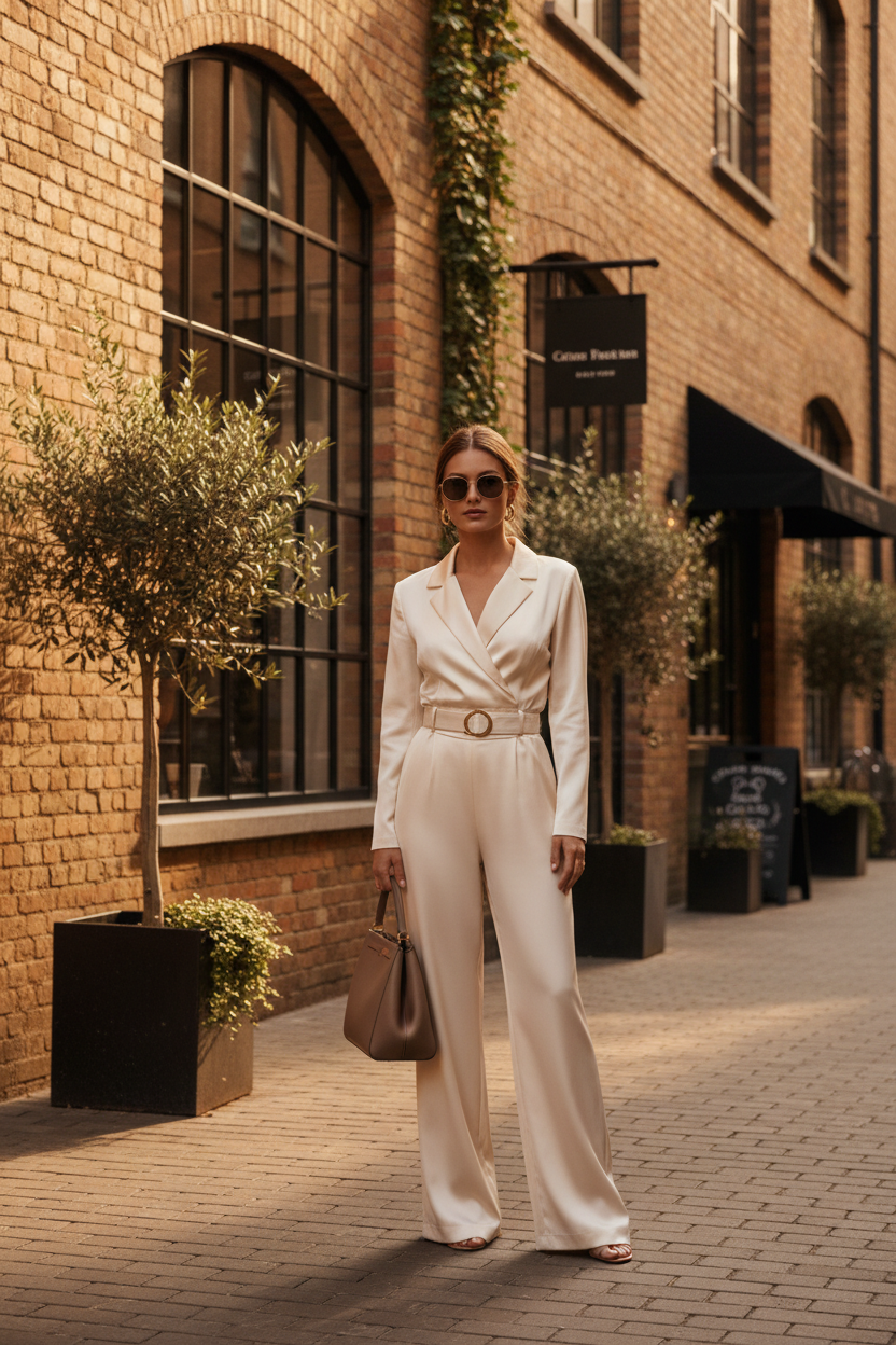 Woman in jumpsuit urban setting