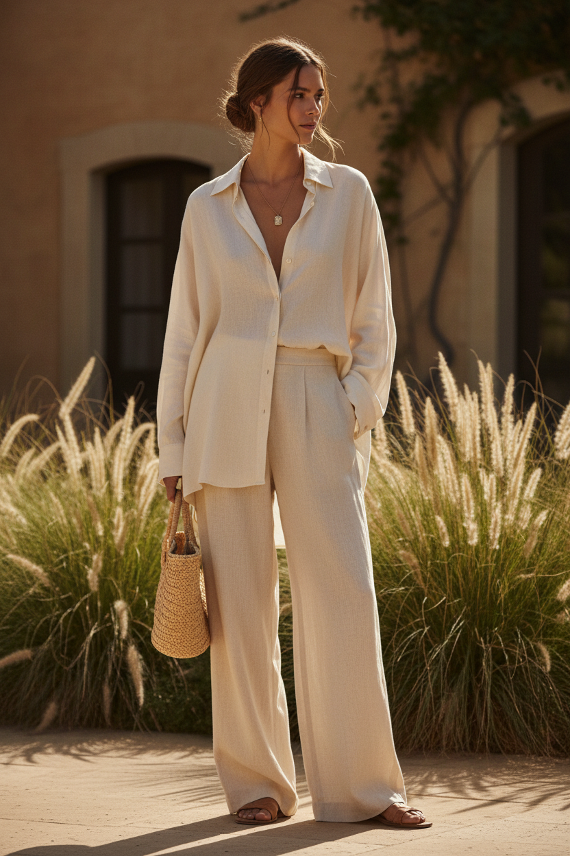 Woman in linen outfit outdoors